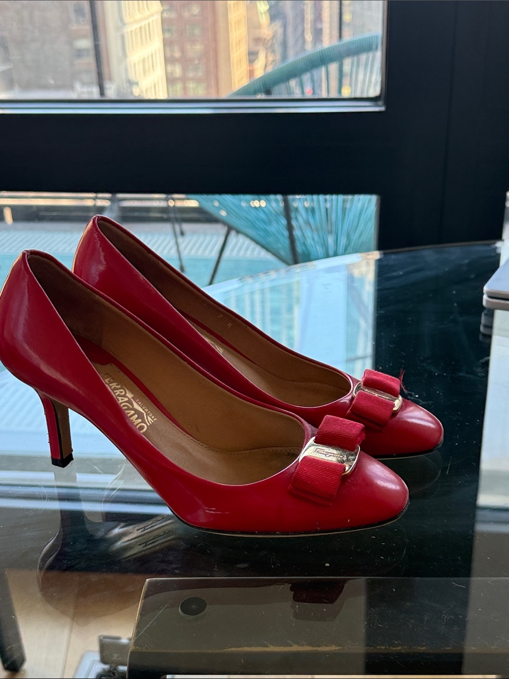 Salvatore Ferragamo Red Patent Vara Bow Pumps